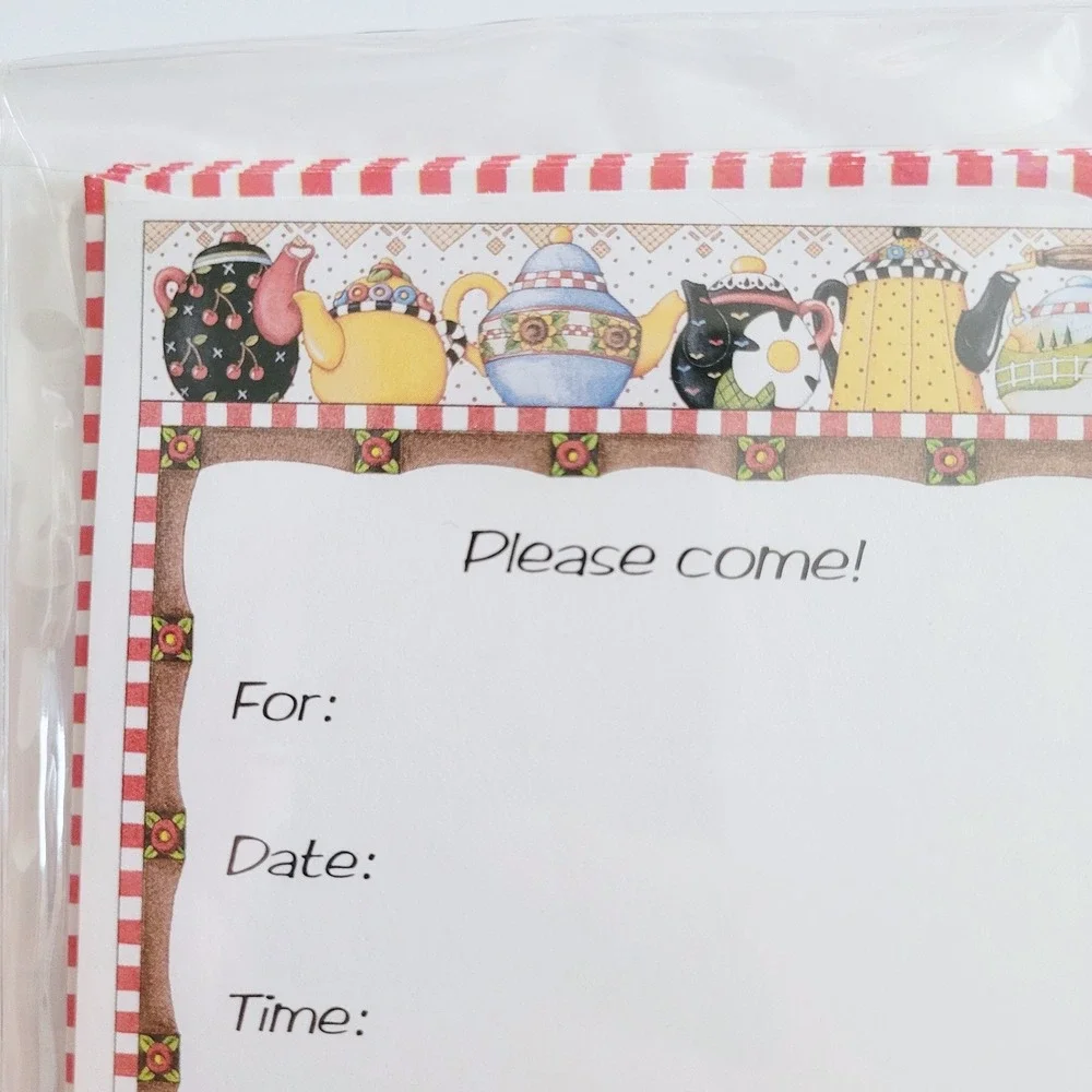 Vintage 90s whimsical Mary Engelbreit Teapot Tea Party Invitations (8) 1993- New